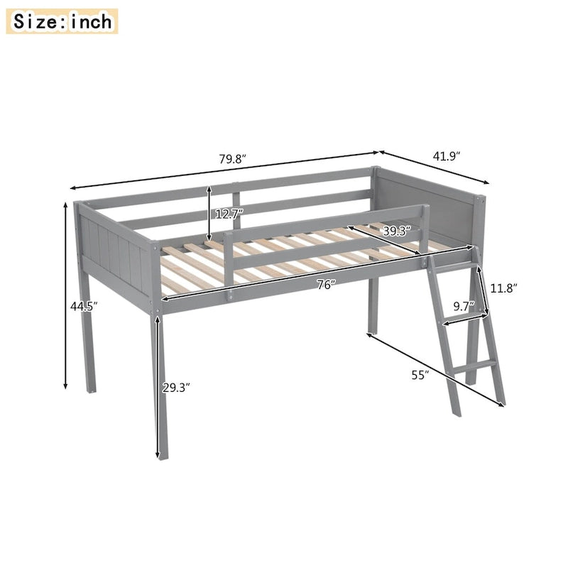 Wood Low Loft Bed with Ladder, Ladder Can Be Placed on the Left or Right