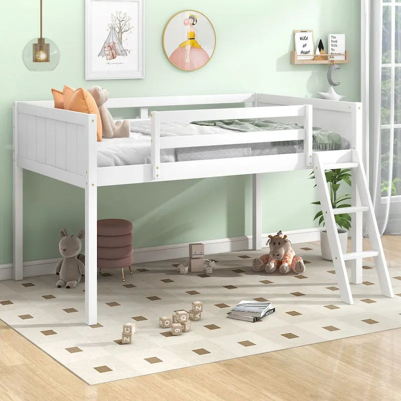 Wood Low Loft Bed with Ladder, Ladder Can Be Placed on the Left or Right