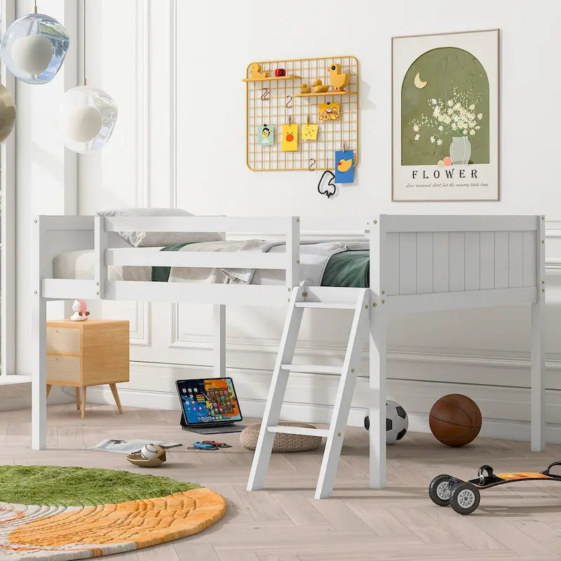 Wood Low Loft Bed with Ladder, Ladder Can Be Placed on the Left or Right