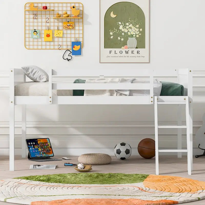 Wood Low Loft Bed with Ladder, Ladder Can Be Placed on the Left or Right