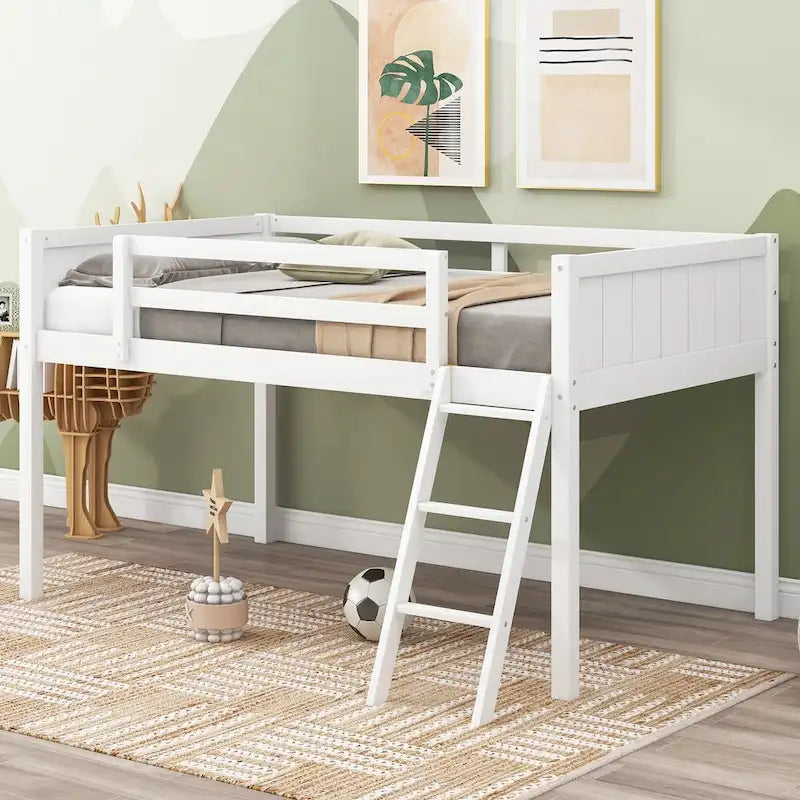 Wood Low Loft Bed with Ladder, Ladder Can Be Placed on the Left or Right