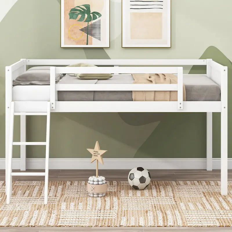 Wood Low Loft Bed with Ladder, Ladder Can Be Placed on the Left or Right