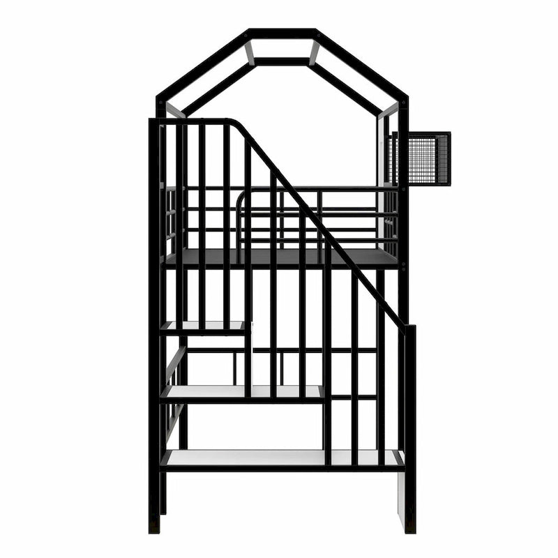 Twin Size Metal Loft Bed with Roof Design and Integrated Storage Box