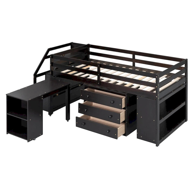 Loft Bed with Writing Desk and 3 Drawers, Wooden Loft Bed with Storage Stairs and Shelves