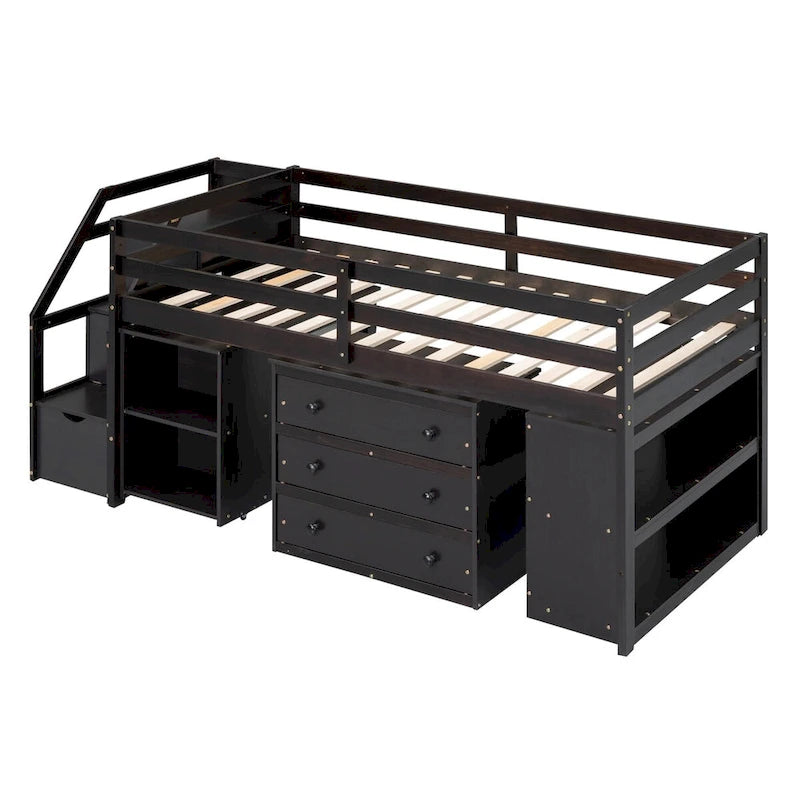 Loft Bed with Writing Desk and 3 Drawers, Wooden Loft Bed with Storage Stairs and Shelves