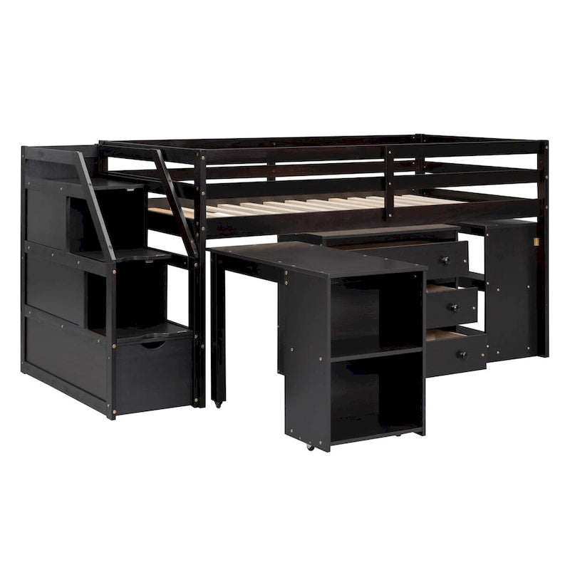 Loft Bed with Writing Desk and 3 Drawers, Wooden Loft Bed with Storage Stairs and Shelves