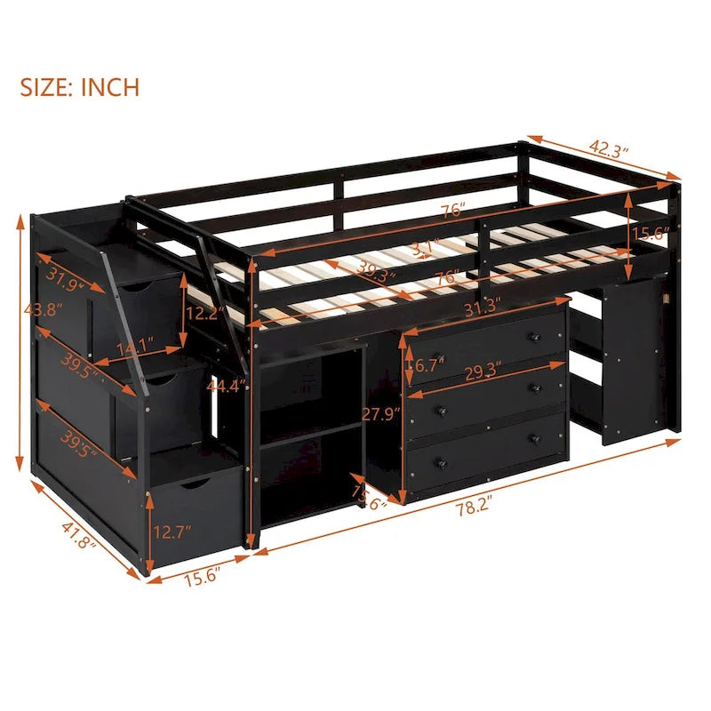 Loft Bed with Writing Desk and 3 Drawers, Wooden Loft Bed with Storage Stairs and Shelves
