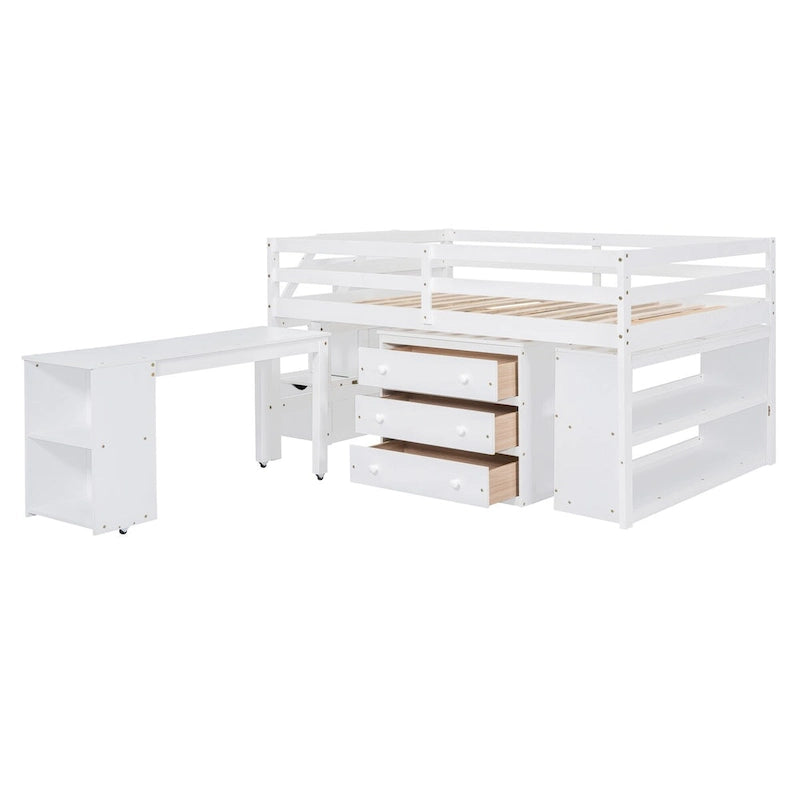 Loft Bed with Writing Desk and 3 Drawers, Wooden Loft Bed with Storage Stairs and Shelves