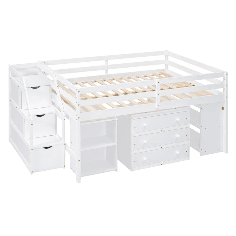 Loft Bed with Writing Desk and 3 Drawers, Wooden Loft Bed with Storage Stairs and Shelves