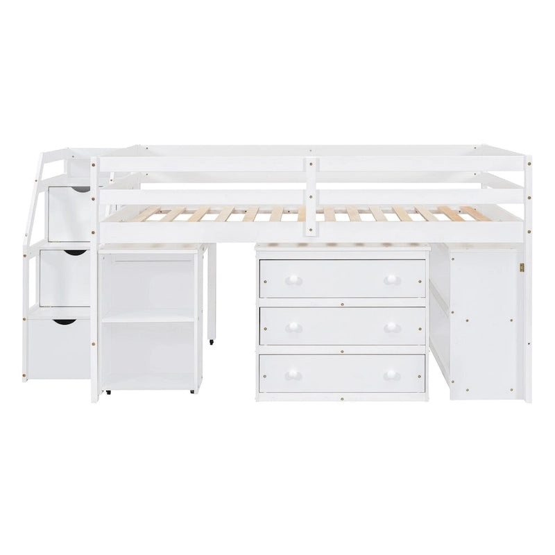 Loft Bed with Writing Desk and 3 Drawers, Wooden Loft Bed with Storage Stairs and Shelves