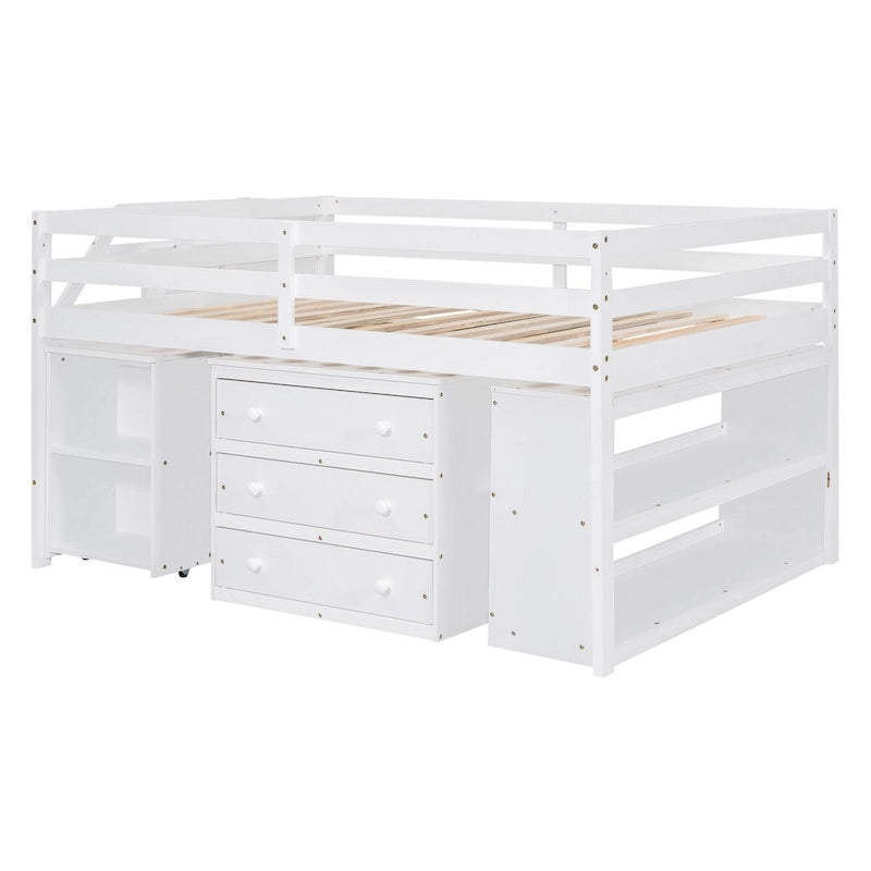 Loft Bed with Writing Desk and 3 Drawers, Wooden Loft Bed with Storage Stairs and Shelves