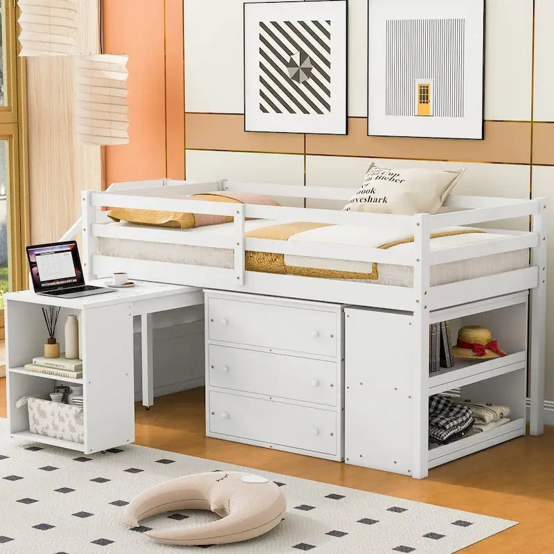 Loft Bed with Writing Desk and 3 Drawers, Wooden Loft Bed with Storage Stairs and Shelves