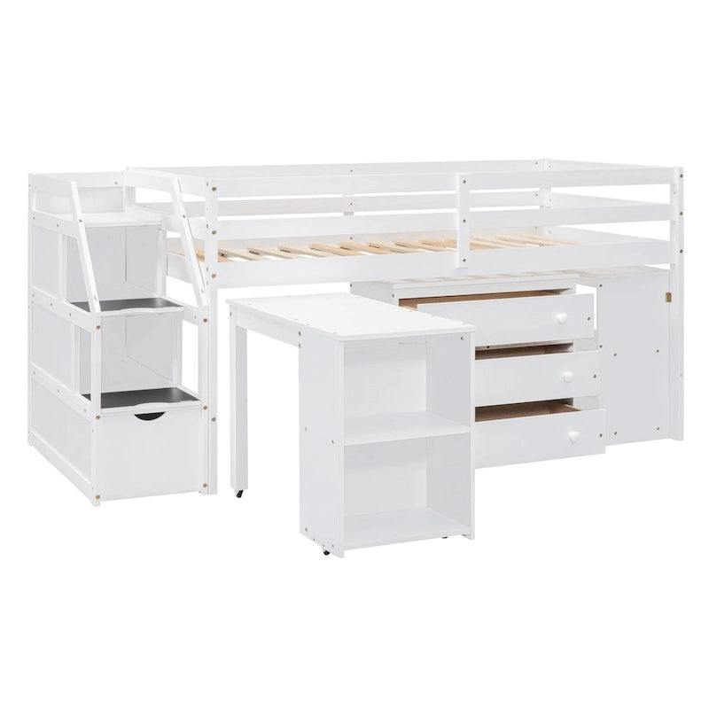 Loft Bed with Writing Desk and 3 Drawers, Wooden Loft Bed with Storage Stairs and Shelves