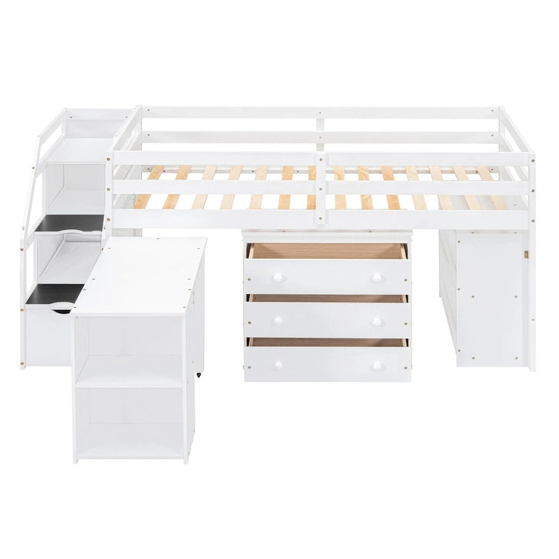 Loft Bed with Writing Desk and 3 Drawers, Wooden Loft Bed with Storage Stairs and Shelves