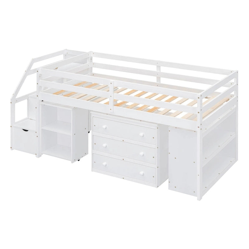 Loft Bed with Writing Desk and 3 Drawers, Wooden Loft Bed with Storage Stairs and Shelves