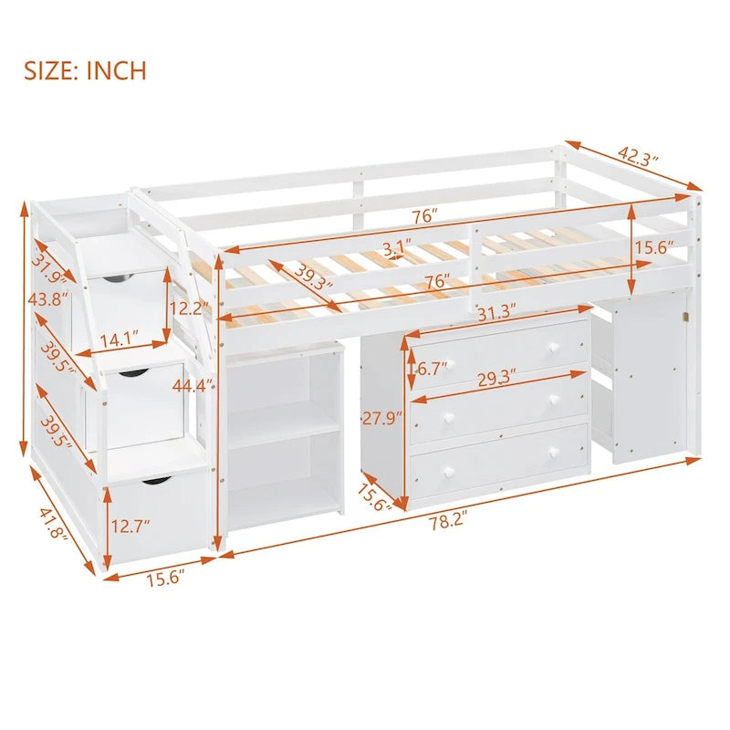 Loft Bed with Writing Desk and 3 Drawers, Wooden Loft Bed with Storage Stairs and Shelves
