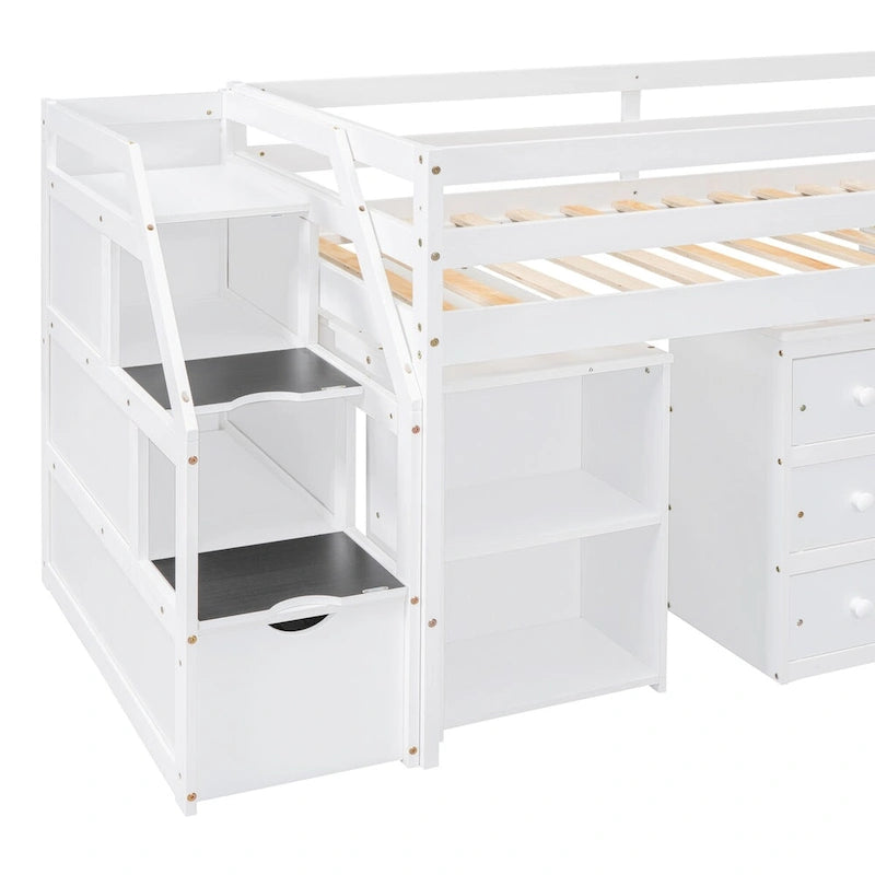 Loft Bed with Writing Desk and 3 Drawers, Wooden Loft Bed with Storage Stairs and Shelves