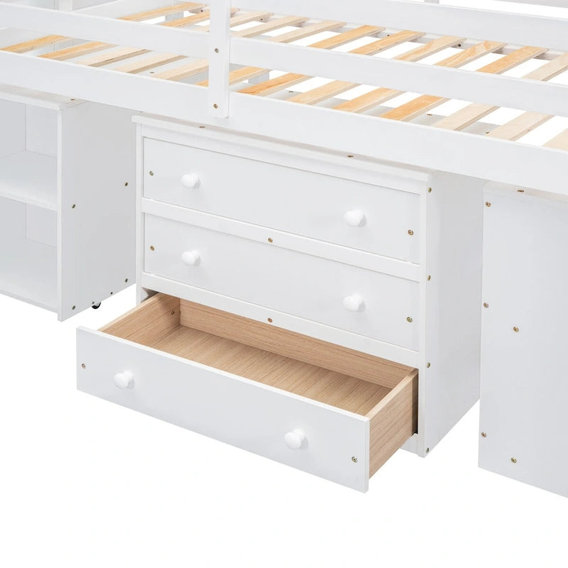 Loft Bed with Writing Desk and 3 Drawers, Wooden Loft Bed with Storage Stairs and Shelves