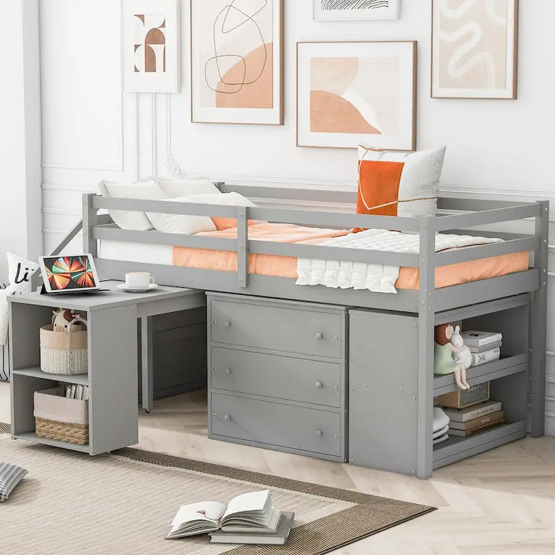 Loft Bed with Writing Desk and 3 Drawers, Wooden Loft Bed with Storage Stairs and Shelves