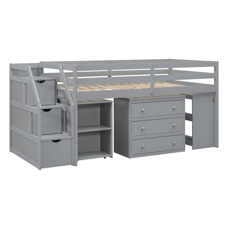 Loft Bed with Writing Desk and 3 Drawers, Wooden Loft Bed with Storage Stairs and Shelves