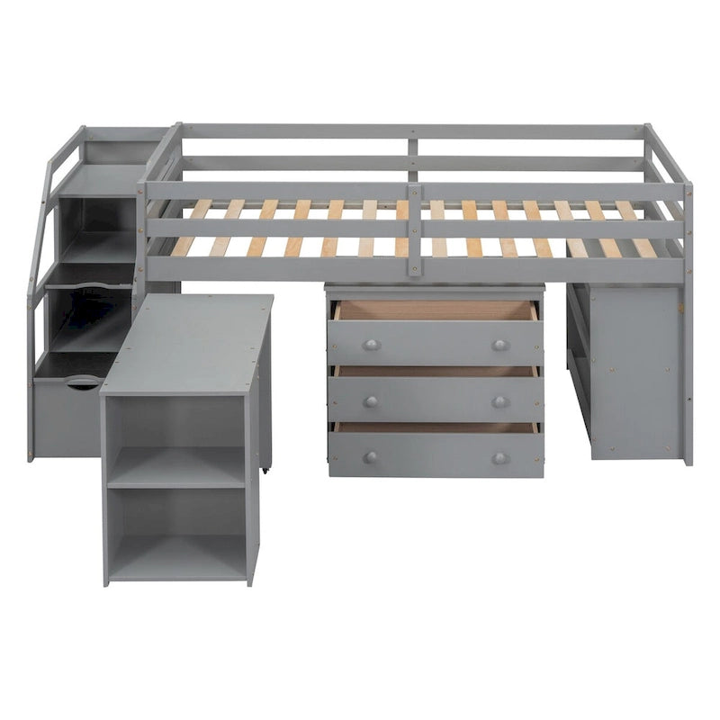 Loft Bed with Writing Desk and 3 Drawers, Wooden Loft Bed with Storage Stairs and Shelves