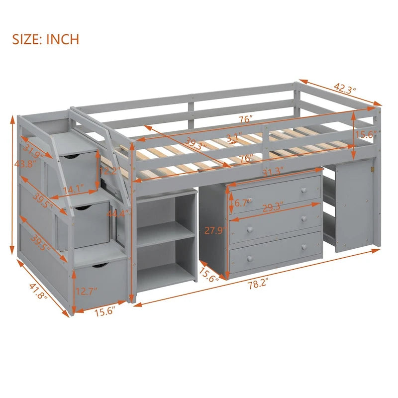 Loft Bed with Writing Desk and 3 Drawers, Wooden Loft Bed with Storage Stairs and Shelves