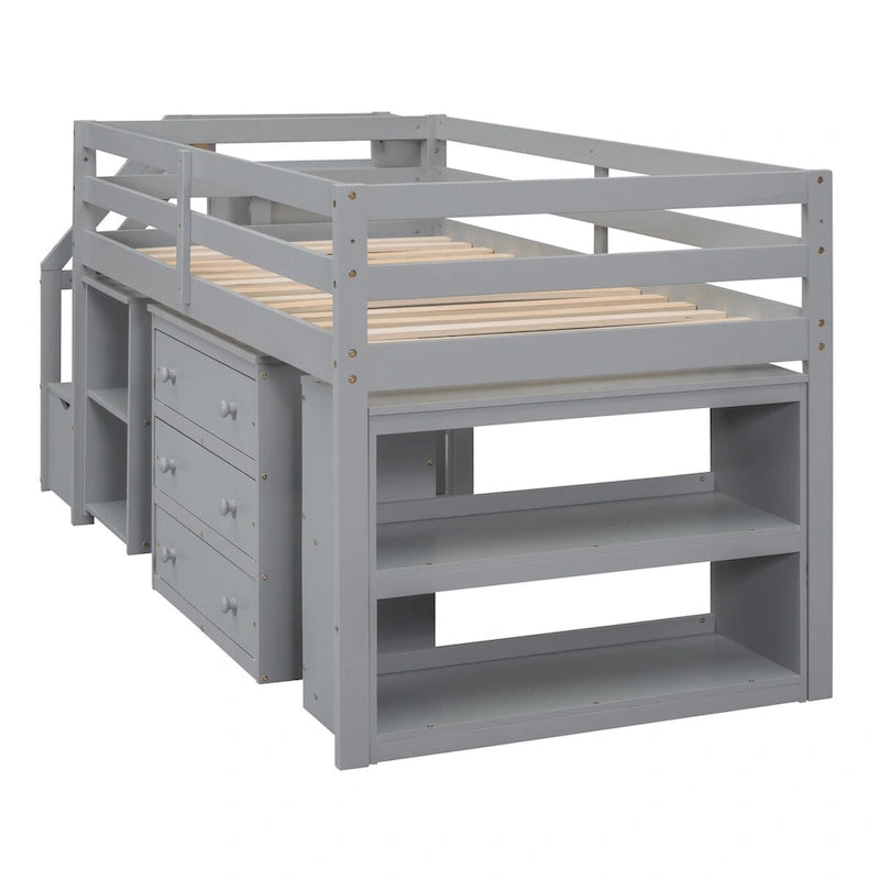 Loft Bed with Writing Desk and 3 Drawers, Wooden Loft Bed with Storage Stairs and Shelves