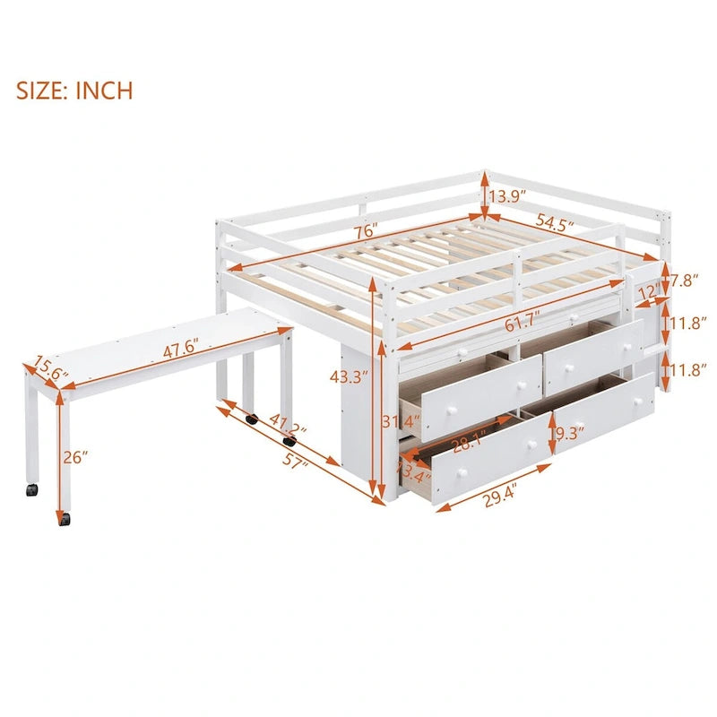 Merax Loft Bed with Retractable Writing Desk and 4 Drawers