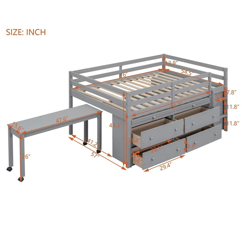 Merax Loft Bed with Retractable Writing Desk and 4 Drawers