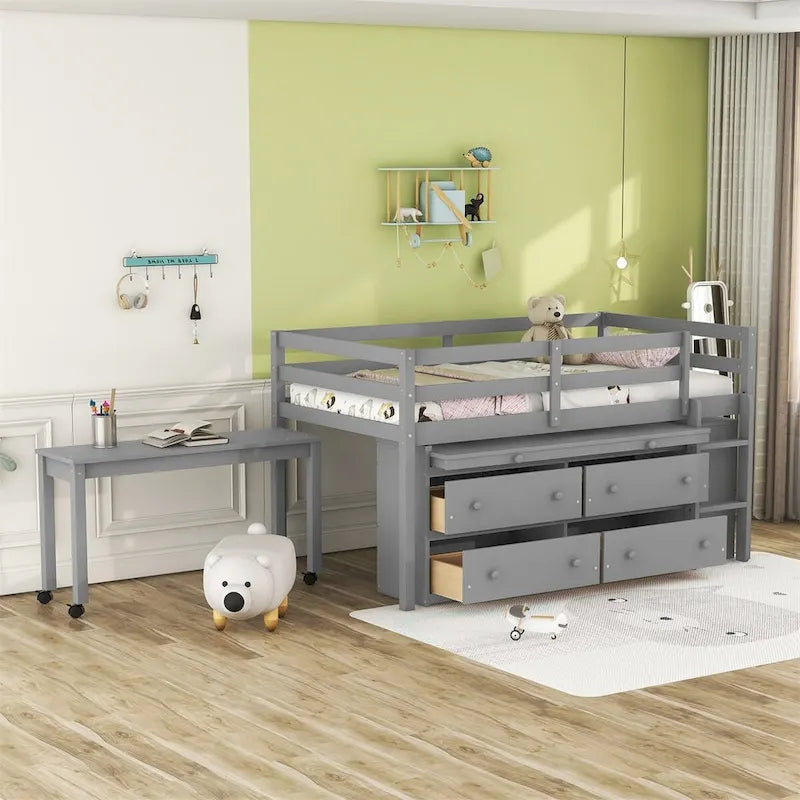 Merax Loft Bed with Retractable Writing Desk and 4 Drawers