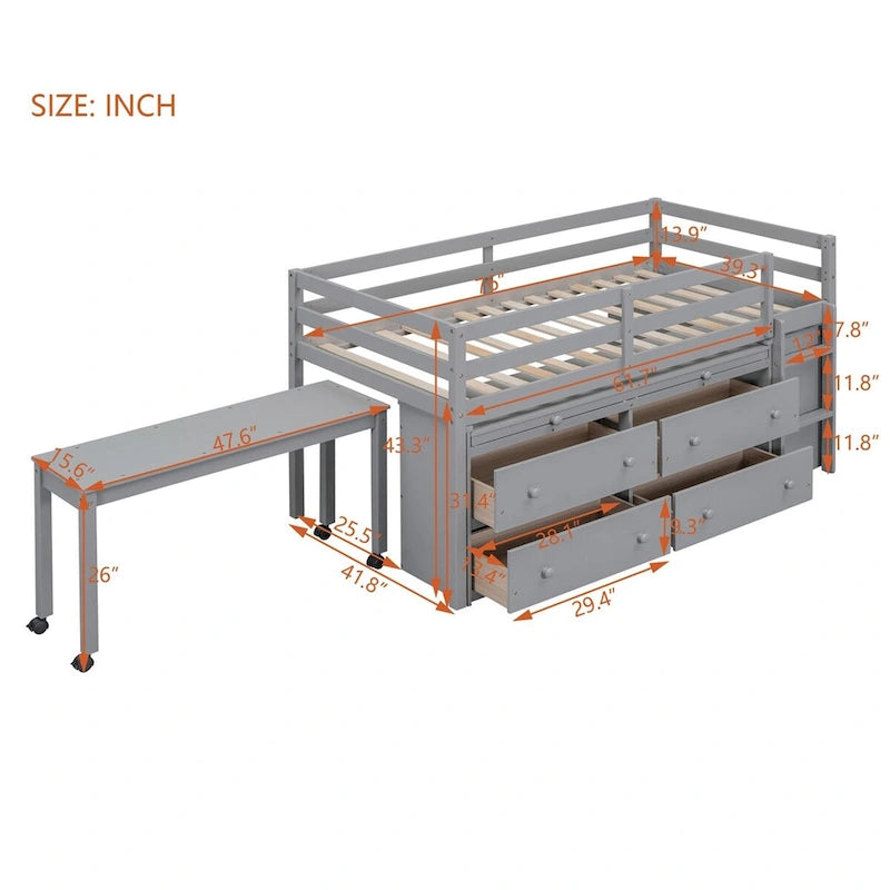 Merax Loft Bed with Retractable Writing Desk and 4 Drawers
