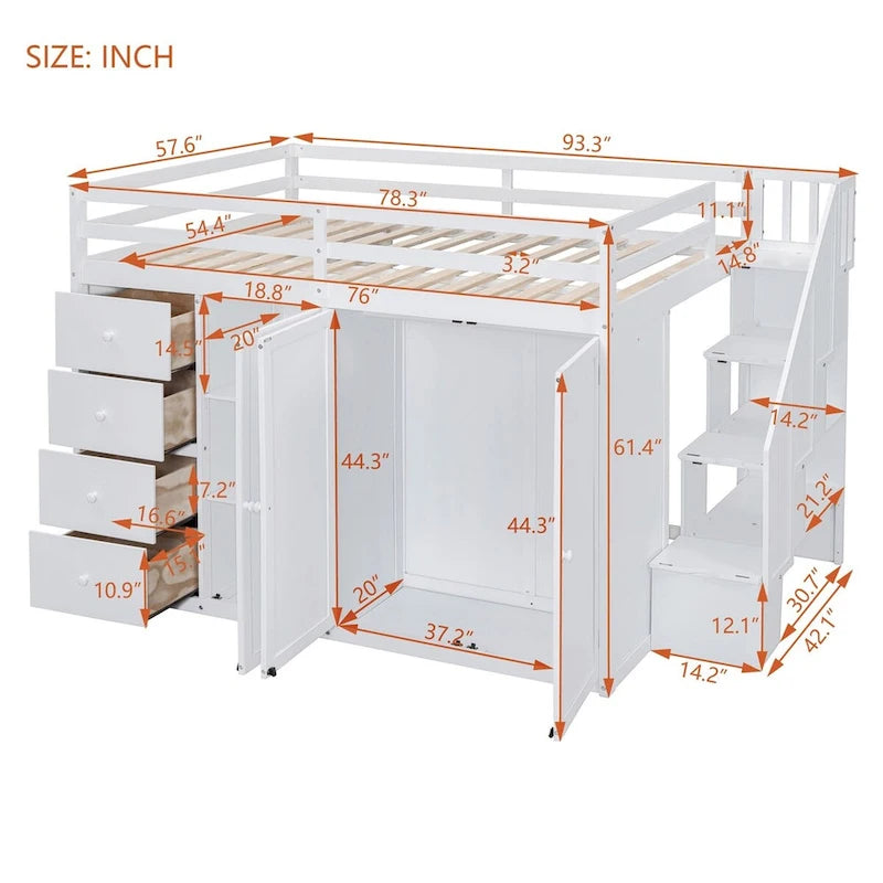Merax Full Size Wood Loft Bed With Built-in Wardrobes, Cabinets and Drawers