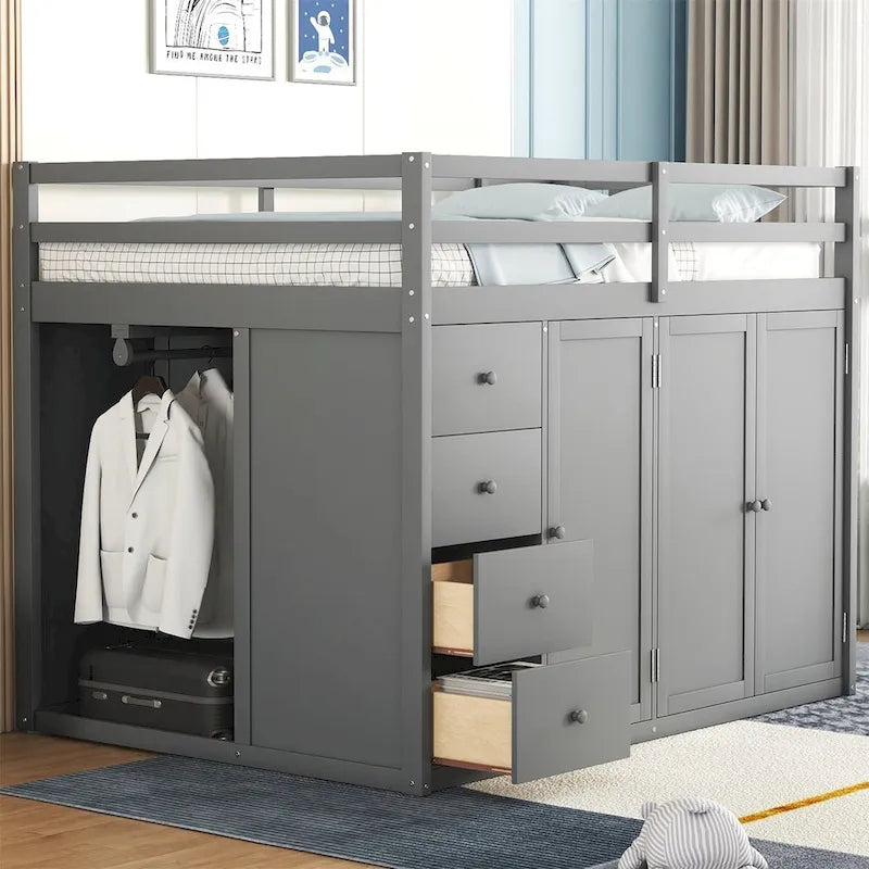 Merax Full Size Wood Loft Bed With Built-in Wardrobes, Cabinets and Drawers