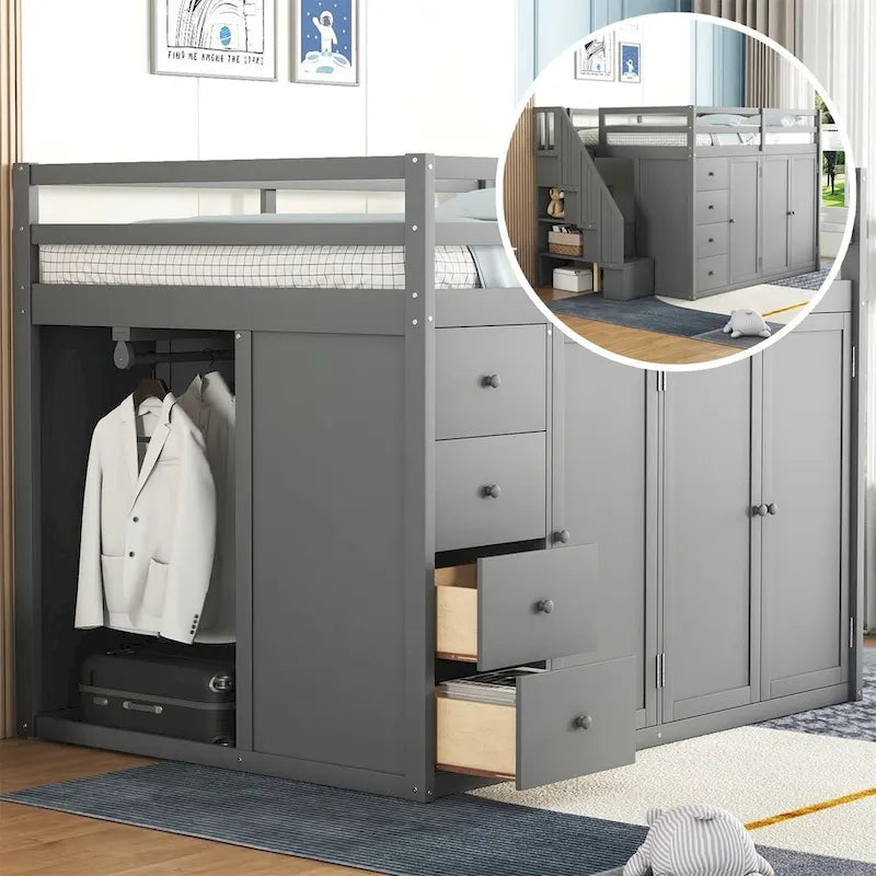 Merax Full Size Wood Loft Bed With Built-in Wardrobes, Cabinets and Drawers