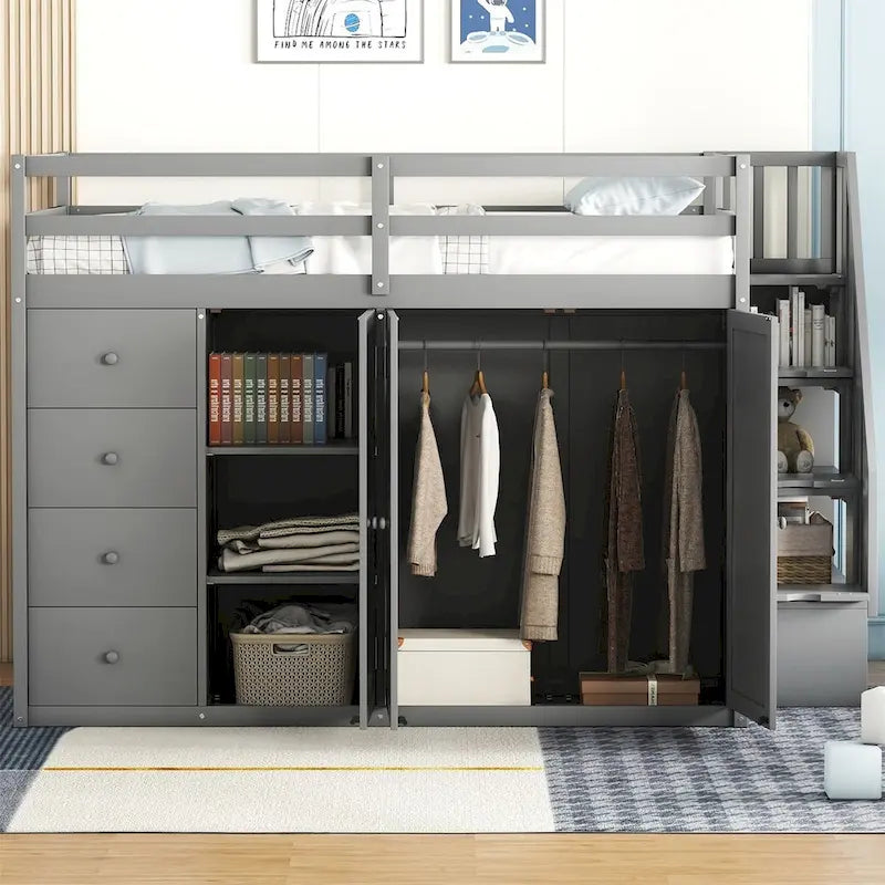 Merax Full Size Wood Loft Bed With Built-in Wardrobes, Cabinets and Drawers