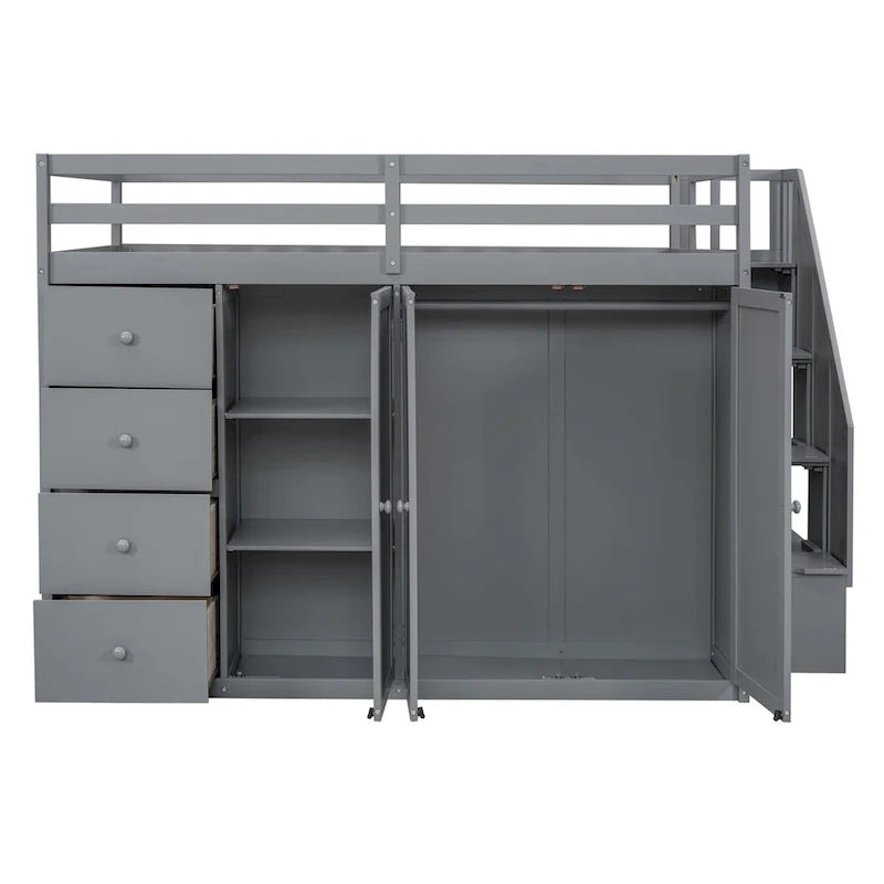 Merax Full Size Wood Loft Bed With Built-in Wardrobes, Cabinets and Drawers