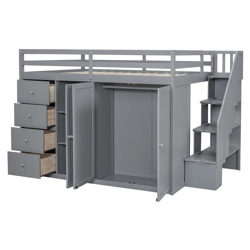 Merax Full Size Wood Loft Bed With Built-in Wardrobes, Cabinets and Drawers