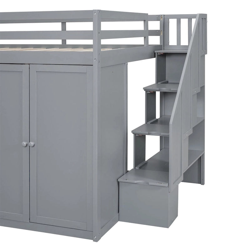 Merax Full Size Wood Loft Bed With Built-in Wardrobes, Cabinets and Drawers