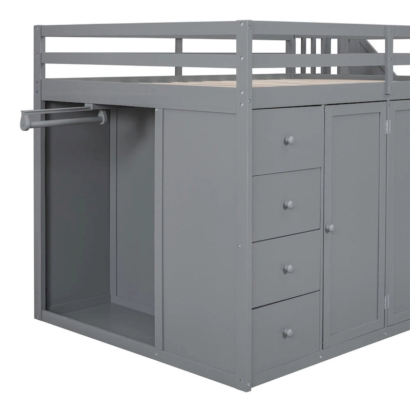 Merax Full Size Wood Loft Bed With Built-in Wardrobes, Cabinets and Drawers