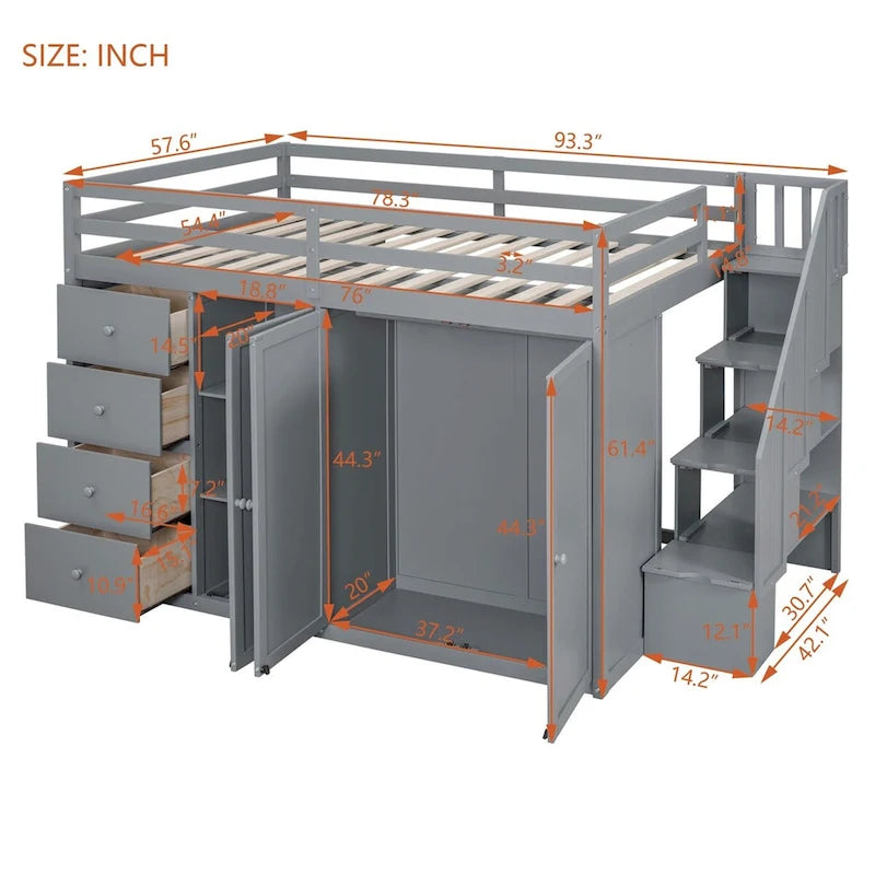 Merax Full Size Wood Loft Bed With Built-in Wardrobes, Cabinets and Drawers