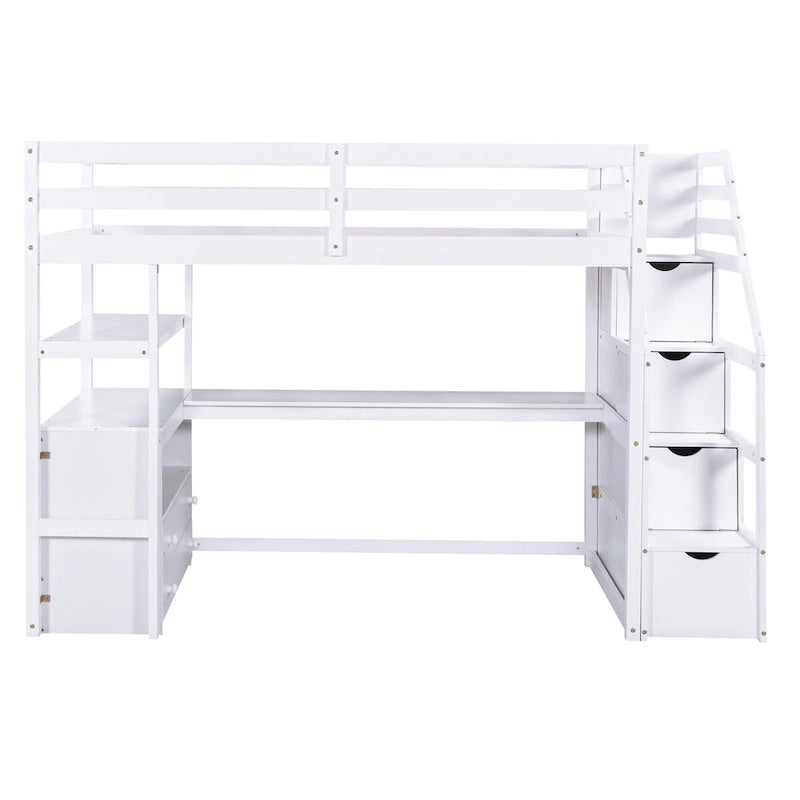Loft Bed with Desk and Shelves, 2 Built-In Drawers, Storage Staircase