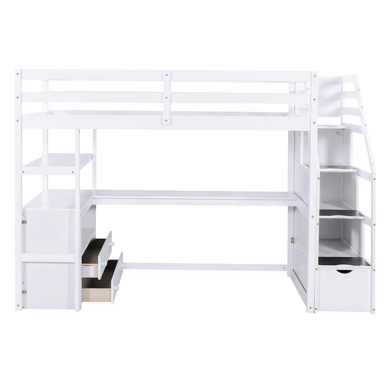 Loft Bed with Desk and Shelves, 2 Built-In Drawers, Storage Staircase