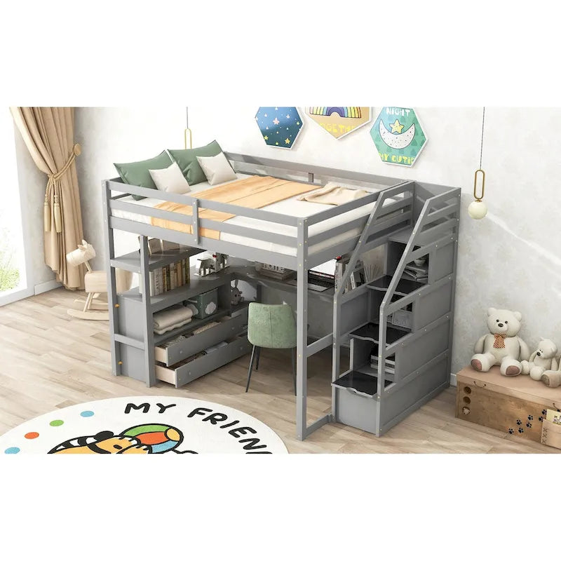 Loft Bed with Desk and Shelves, 2 Built-In Drawers, Storage Staircase