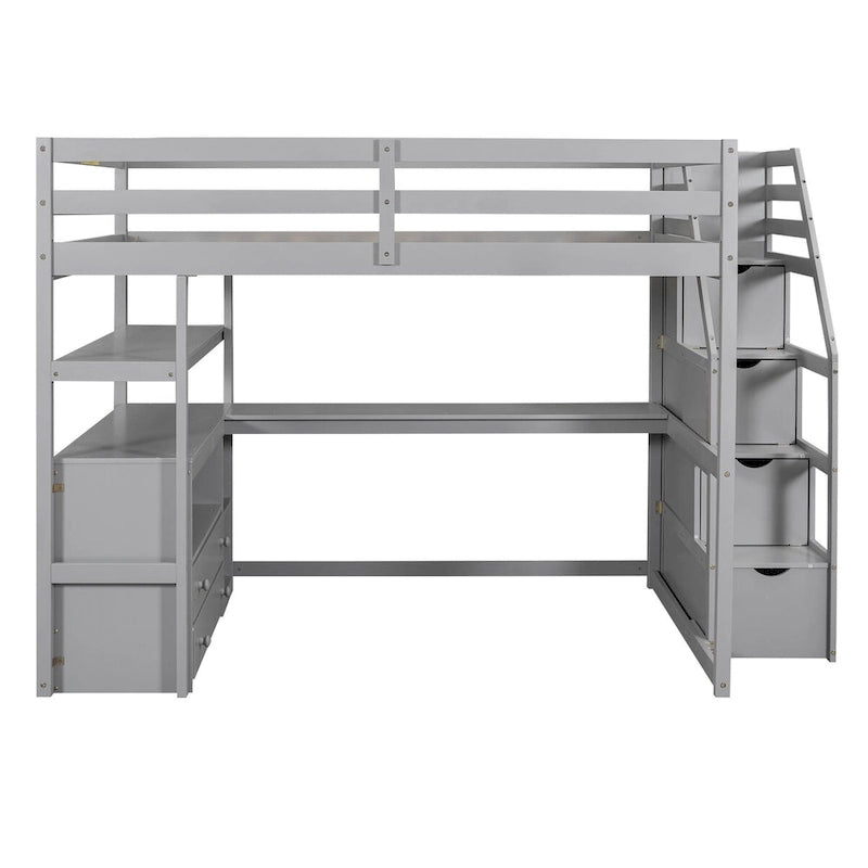 Loft Bed with Desk and Shelves, 2 Built-In Drawers, Storage Staircase