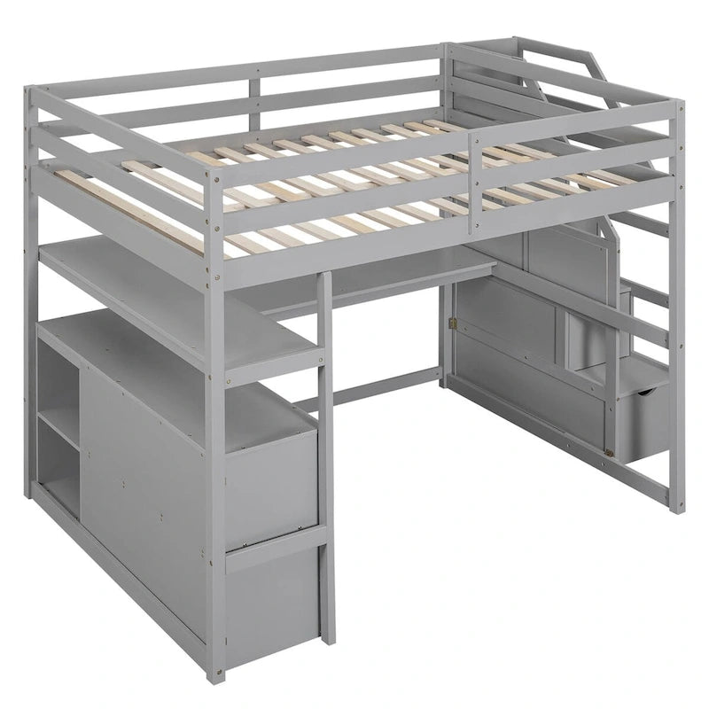 Loft Bed with Desk and Shelves, 2 Built-In Drawers, Storage Staircase