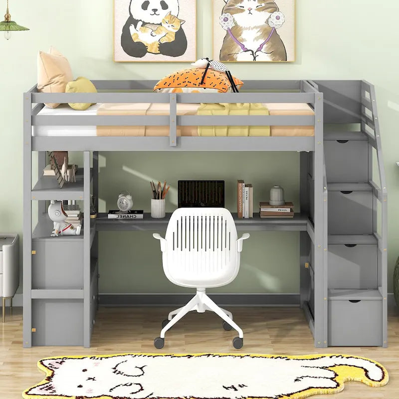 Loft Bed with Desk and Shelves, 2 Built-In Drawers, Storage Staircase
