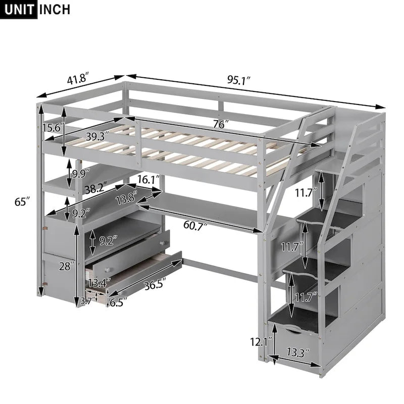 Loft Bed with Desk and Shelves, 2 Built-In Drawers, Storage Staircase