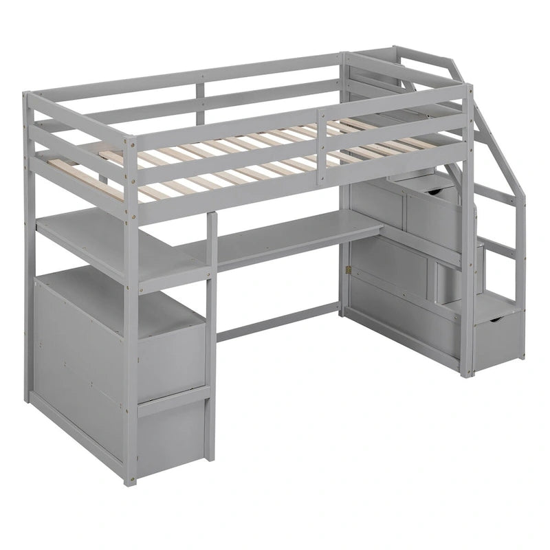 Loft Bed with Desk and Shelves, 2 Built-In Drawers, Storage Staircase