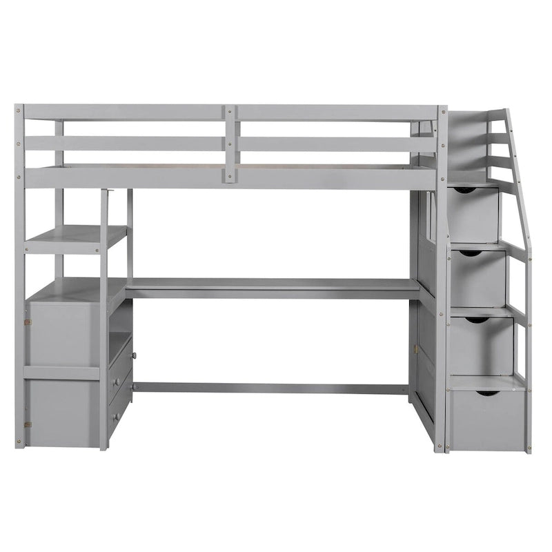 Loft Bed with Desk and Shelves, 2 Built-In Drawers, Storage Staircase