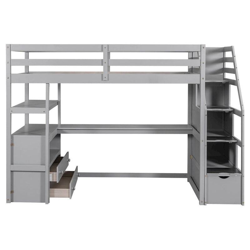 Loft Bed with Desk and Shelves, 2 Built-In Drawers, Storage Staircase
